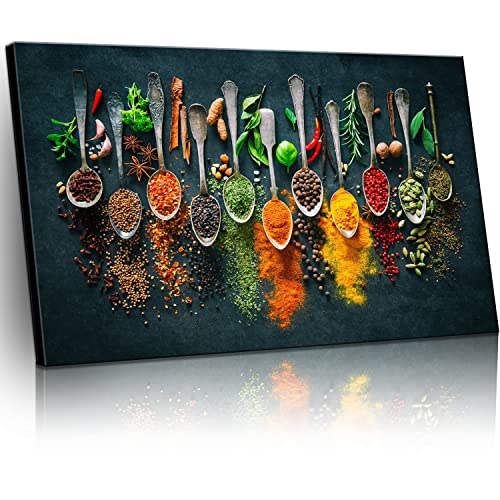 Image of Framed Large Kitchen Wall art Pictures Decor Couful Spice in Spoon Vintage Canvas Wall Art Food Photos Painting On Canvas Home Decoration Gift Ready to Hang 24x36inch