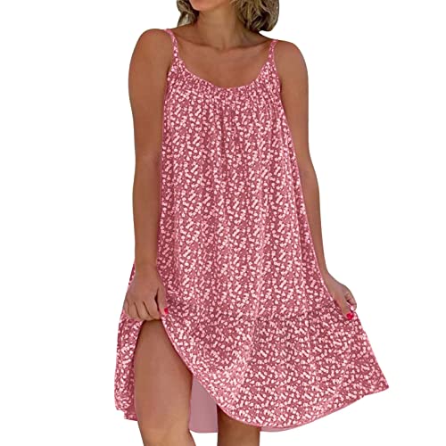 Freizeitkleider für Damen, Rundhalsausschnitt, Spaghettiträger, ärmellos, kurzes Kleid, Strandkleid, lange Kleider für Damen, rose, 5XL