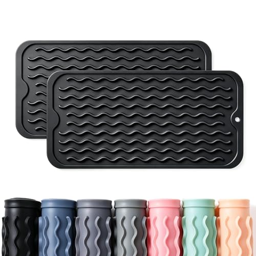 Image of 2 Pack Caketime Silicone Dish Drying Mat for Kitchen Counter Easy to Clean Quick Dry Near Faucet Under Sink Bathroom Vanity Tray Small Gadgets Rack Home Decor Essentials 12 inchx6 inch Black