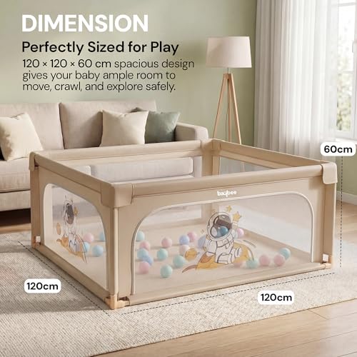 Image of Baybee 120 x 120 CM Kids Playpen for Babies with Colourful Balls | Baby Play Area Indoor Setup with Zipper Door & Toys Pouch | Kids Activity Play Gate Fence with Corner Protection | Outdoor play pen for baby for 0 - 5 years Boys Girls (Beige)