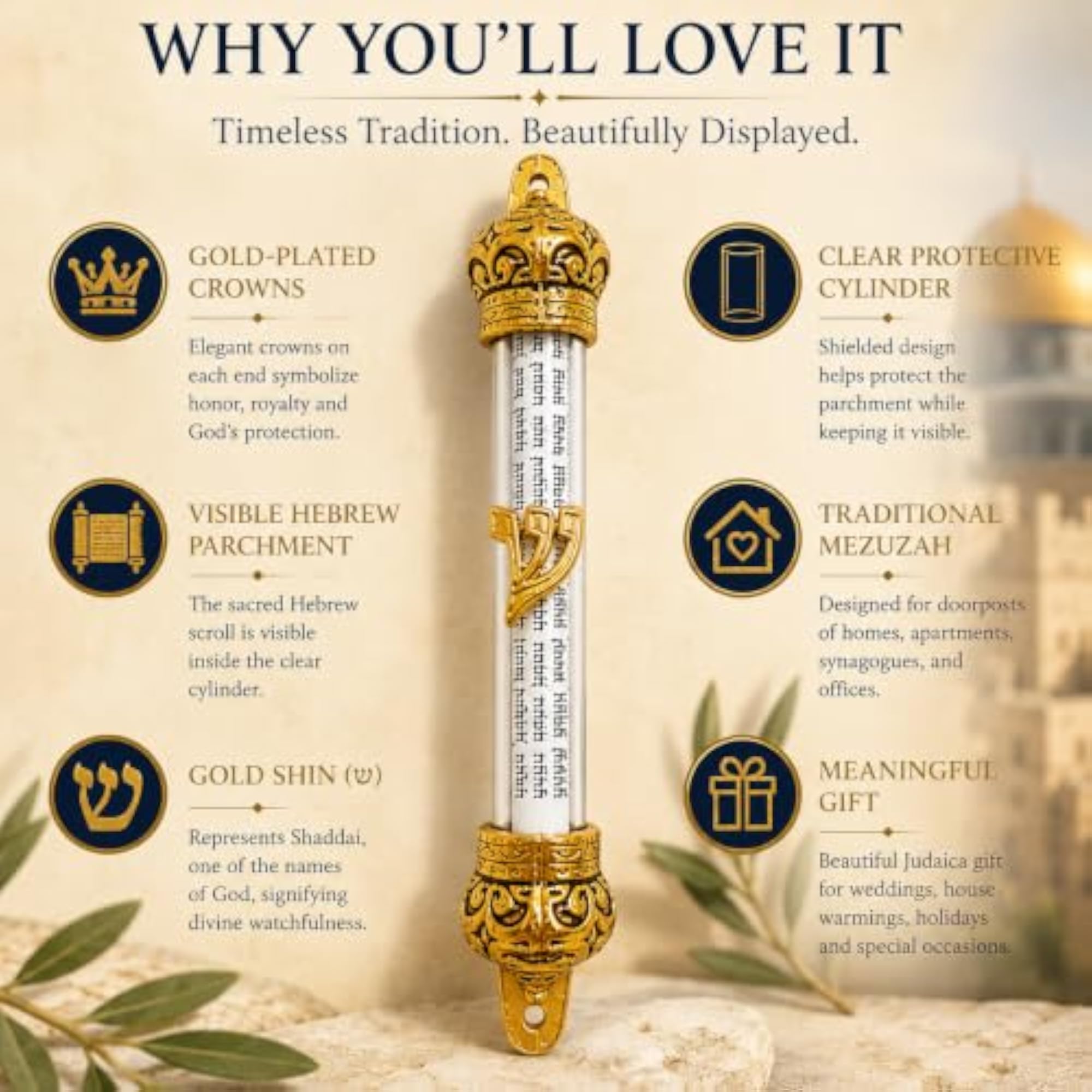 Gold Crown Mezuzah Clear Cylinder with Scroll