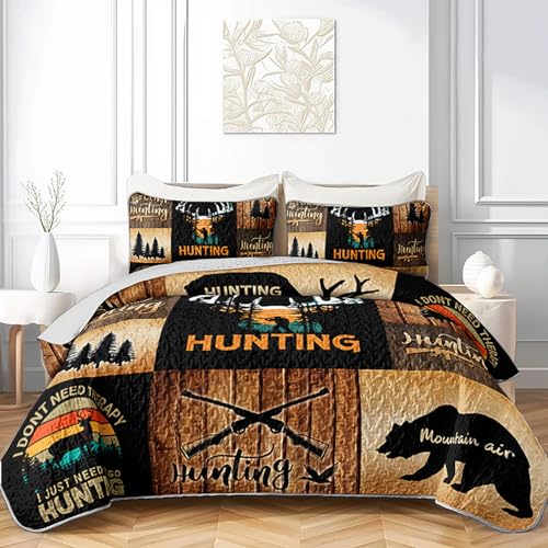 HOSIMA Twin Quilt Bedding Set,Deer and Bear Pattern Forest Western Bedding for Hunting Room Decor,Brown Hunting Themed Plaid Patchwork Quilt for Adults Room Decor with 2 Pillowcases.