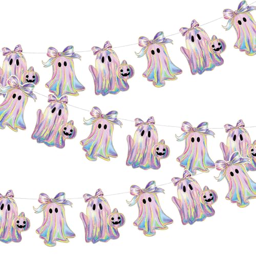 Image of Oudain 2 Pack Halloween Ghost Garland 6.56 ft Iridescent Ghost Decor Laser Cute Boo Holographic Paper Bow Hanging Banner for Halloween Party Decor Birthday Party Home Indoor Outdoor Mantel