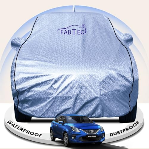 Image of FABTEC Metallic Silver Waterproof Car Body Cover for Maruti Baleno New (2022-25) Sun, UV and Dust Protection with Mirror and Antenna Pocket (Reflective Silver with Black Piping)