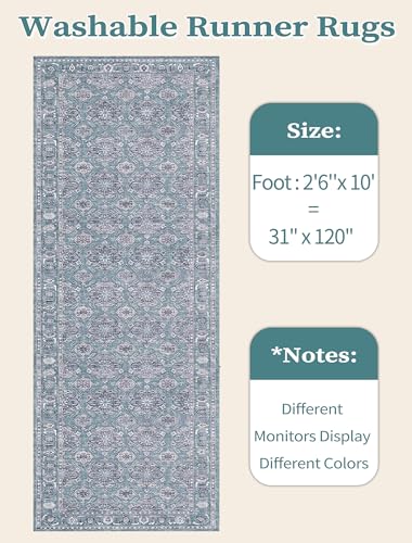 SERISSA Boho Washable Runner Rug, 2'6"x10' Long Non-Slip Vintage Floral Hallway Kitchen Stair Runner Rug Ultra Soft Print Distressed Blue Grey Floor Carpet for Bathroom Laundry Room