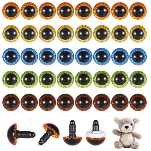 40Pcs Colored Crochet Eyes, 15mm Safety Eyes with Washers Glitter Safety Eye for Crocheting Animals Plush Stuffed Animals DIY Christmas Decorations