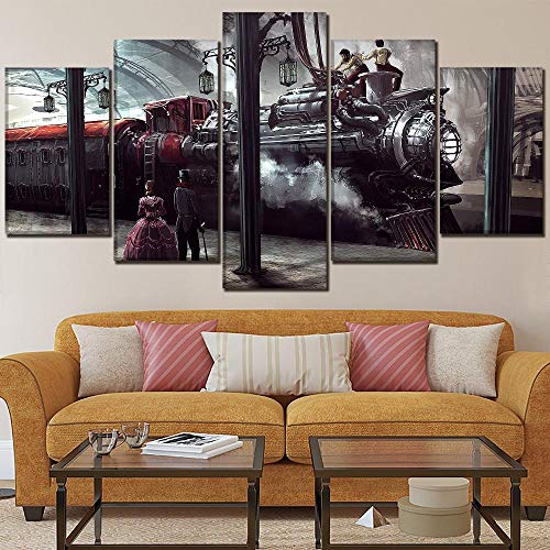 Djdasn 5 Piece Steampunk Train Poster Canvas Print Train Station Locomotive And People Painting Modern Home Decor Artwork 150*80cm（Frameless） Cafe study office Wall background living room Gym bar beds steampunk buy now online