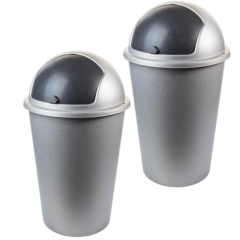 LIVINJA Duo Vuilnisemmer voor de keuken, 2 vakken, 50 liter, geurdicht, dubbele afvalemmer met schommeldeksel, set van 2, 50 liter, 60 x 45 x 34 cm, robuuste recyclebare kunststof, zilver, Made in EU