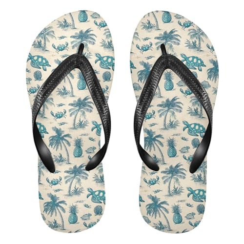 ALAZA Pineapple Turtle Palm Crab Flip Flops for Women Fashion Beach Slippers Comfort Mens Flip Flops Non-Slip Rubber Shower Slippers Sandal for Hotel Travel Sport,XS