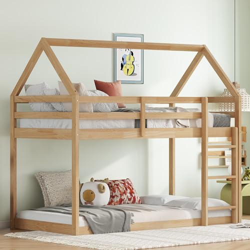 Twin Over Twin House Bunk Bed for Kids,Twin Size Low Bunk Beds with Ladder,Floor Bunk Bed Twin Over...