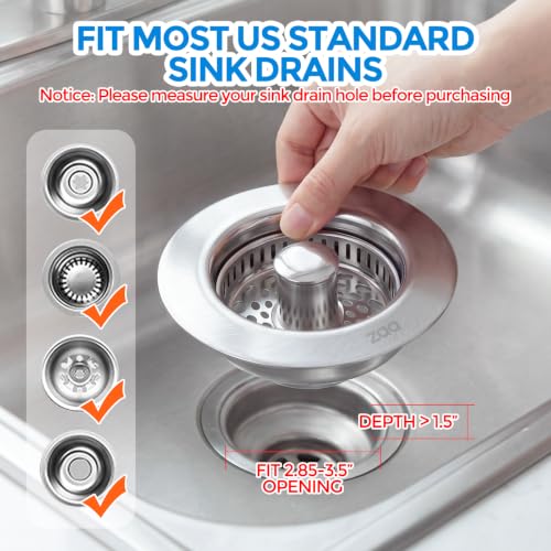 Image of ZAA 3-in-1 Kitchen Sink Drain Strainer, 304 Stainless Steel Sink Stopper | Silver, fits 3-1 /2 inch US drains, tool-free. Pop-up for storage /drain. Anti-clog, easy empty. Oil-resistant, dishwasher safe