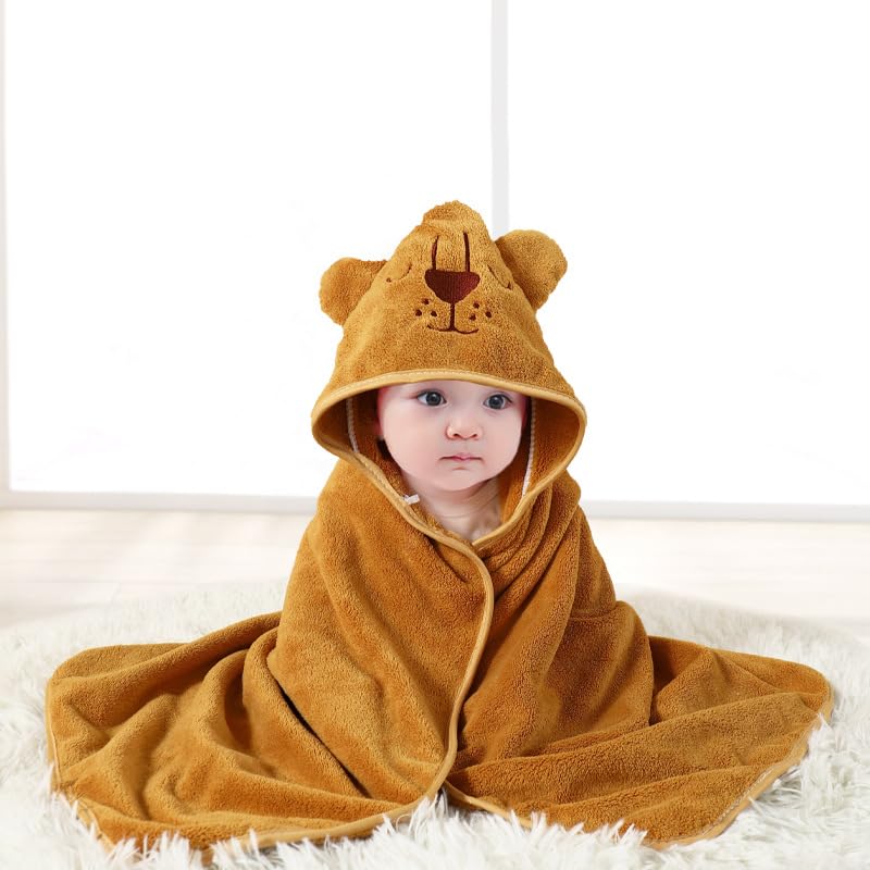 Image of Gucilulu Hooded Baby Towel - Premium Soft Bath Towel for Baby, Newborn,Infant - Ultra Absorbent,Natural Baby Stuff Towel, Soft Coral Velvet Coral Fleece Bath Towel for Boys and Girls（Lion King）