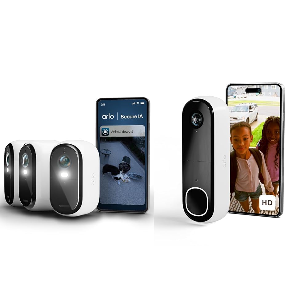 Caméra de surveillance WiFi extérieure Arlo Essential 3 et sonnette kit 4 caméras sans fil blanc
