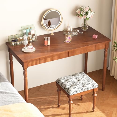 Image of 100% Solid Wood Desk with Drawers - 47.2 inch x 21.7 inch Mid Century Modern Desks, Vintage Writing Desk with Drawers, Simple Work Study Table, Home Office Computer Desks for Any Room - Walnut Color