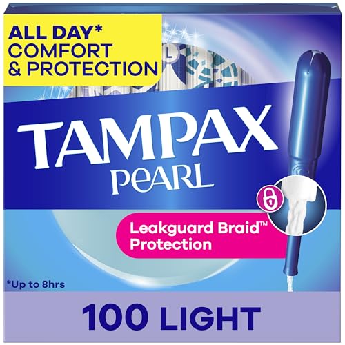 Tampax Pearl Tampons for Women, with LeakGuard Braid, Light Absorbency, Unscented, 100 Count (2 Packs of 50) (Packaging May Vary)