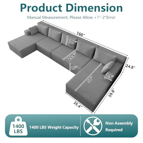 Image of 160 inch U-Shape Cloud Couch, Modern Modular Sectional U-Shape Sofa, Corduroy Boneless Couch Upholstered Couches Deep Seat Sleeper Chaise Longue for Living Room, No Assembly Required,Light Gray