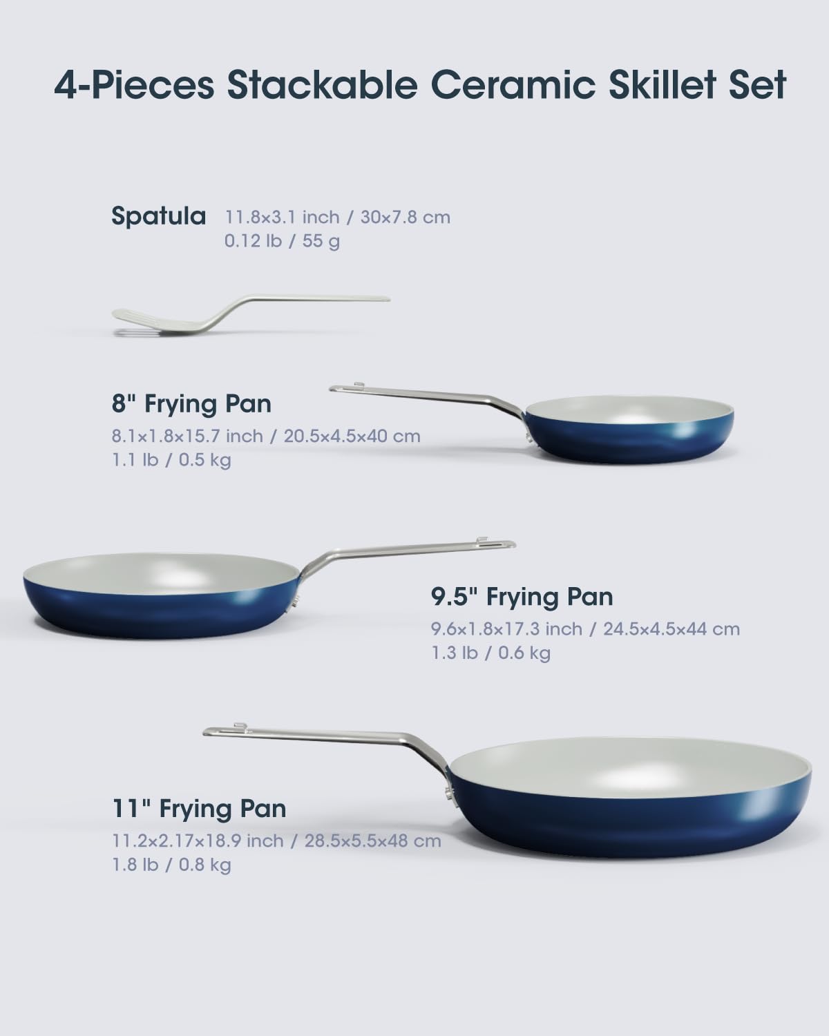 Keramik Bratpfannen Set 3-teilig, Antihaft Induktionspfannen 20/24/28 cm, Für Alle Herdarten, Spülmaschinen- & Backofenfest, PFAS-, PTFE- & PFOA-frei, Dunkelblau