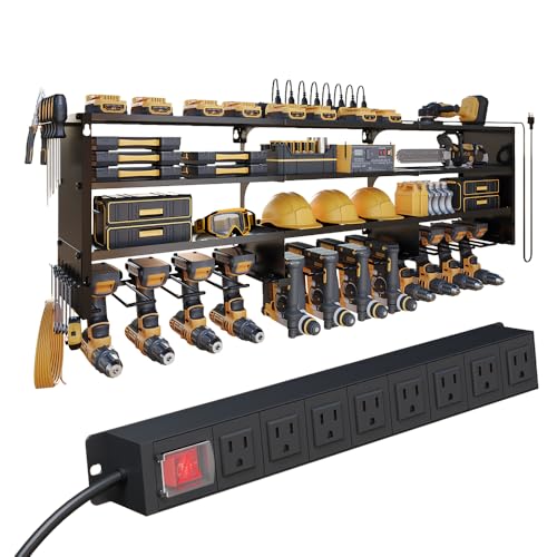Image of 53 inch Power Tool Organizer Wall Mount with Power Strip, Black Heavy Duty Metal Tool Shelf, 400lbs Capacity for Cordless Drills, Batteries & Garage Storage (12 Slots with 8 Outlets Power Strip)
