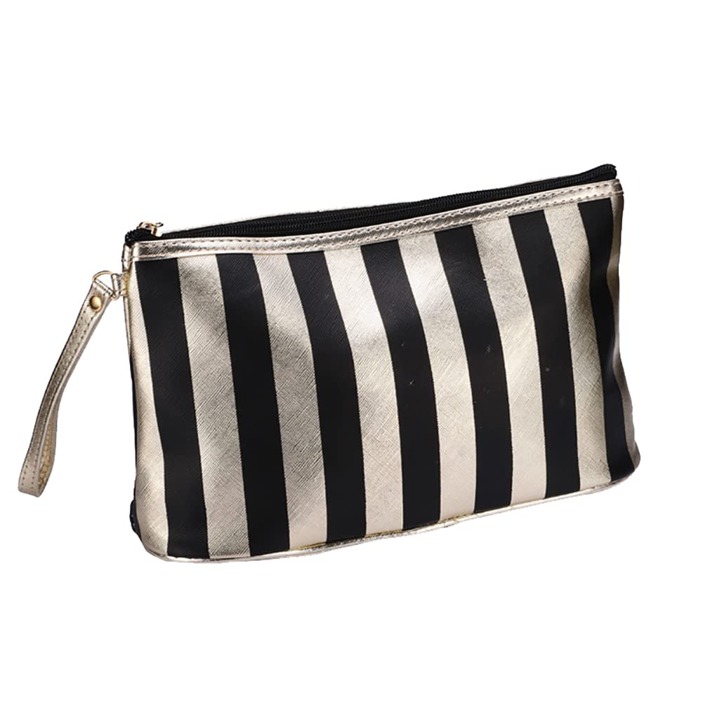 Hugede Gold And Black Striped Makeup Bag Large Capacity Cosmetic Pouch Travel Toiletry Bag Portable Skincare Organizer Pouch Make Up Storage Bag With Zipper