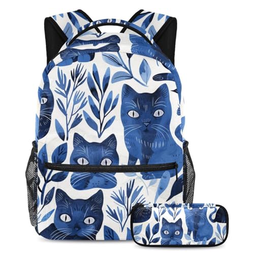 Sac à dos bleu motif chat grande capacité pour les cours et la randonnée