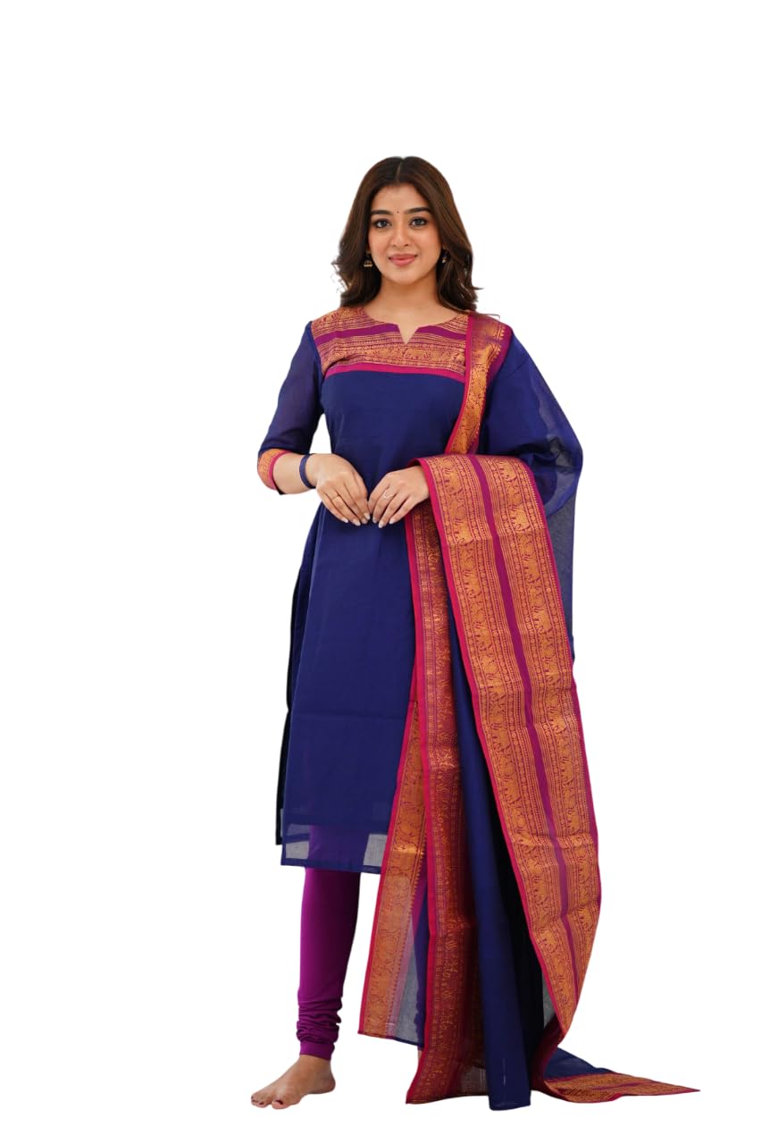 Women's Kanjivaram Traditional Cotton Kurta with Dupatta – South Indian cultural design Kurti Set,Ideal for Festive, Party, Wedding-image-7