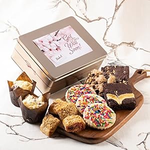 Dulcet Gift Baskets Classic Get Well Fresh Baked Cookie & Brownie Gift Tin- Perfect Get-Well Gift Card for Men, Women, Mom, Dad -Friends Family, Son-Daughter, Sister-Brother or Co-worker.