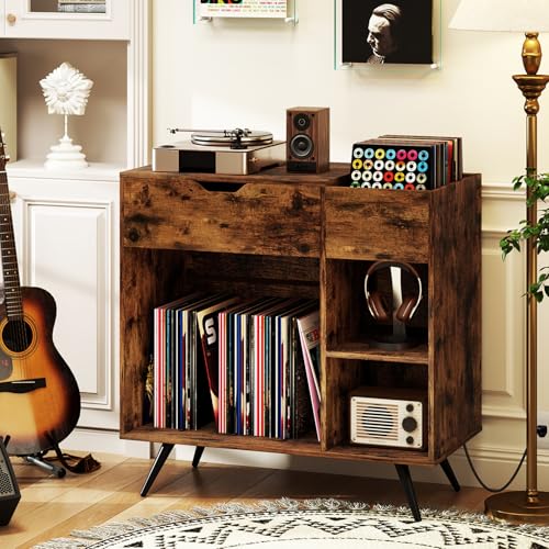 Giantex Large Record Player Stand with Charging Station, Mid Century Turntable Stand Holds Up to...