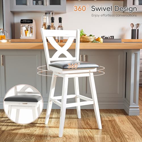 Image of MU Swivel Barstools Set of 6, 29 Inch Bar Height Kitchen Island Chairs with Back, Upholstered Seat Bar Stool with Solid Wood Legs & Footrest, Counter Stools for Pub, Bar, Restaurant (Antique White)