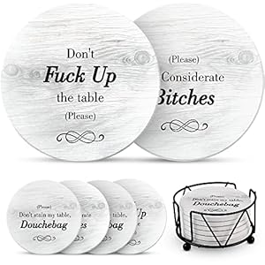 Funny Coasters for Drinks with Holder – Absorbent Drink Coasters Set 6 Pcs – 3 Sayings – Housewarming Gift for Friends…