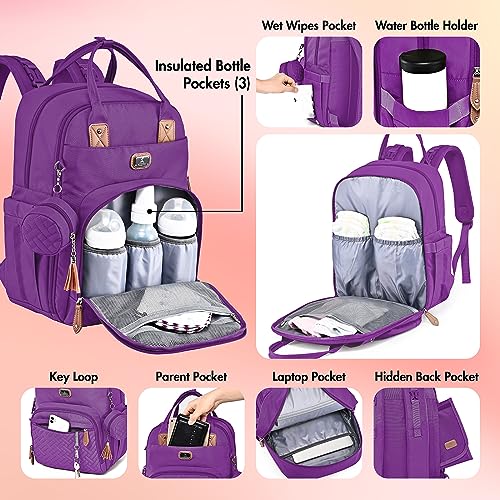 Image of Dikaslon Diaper Bag Backpack with Portable Changing Pad, Pacifier Case and Stroller Straps, Large Unisex Baby Bags for Boys Girls, Multipurpose Travel Back Pack Moms Dads, Purple