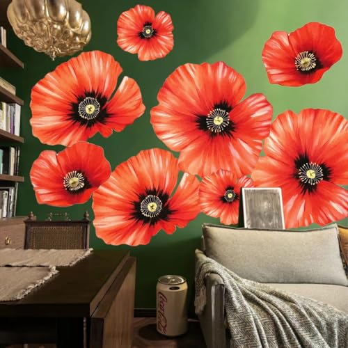 Runtoo Grand autocollant mural 3D en tissu bohème motif coquelicot rouge pour chambre de fille, salon, bureau