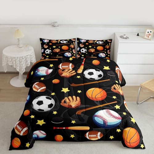 Image of Feelyou Soccer Basketball Comforter Set Queen Size Football Baseball Hockey Bedding Set for Kids Boys Girls Gaming Sports Black Duvet Quilt Bedroom Decor Microfiber 3 Pcs with 2 Pillow Cases