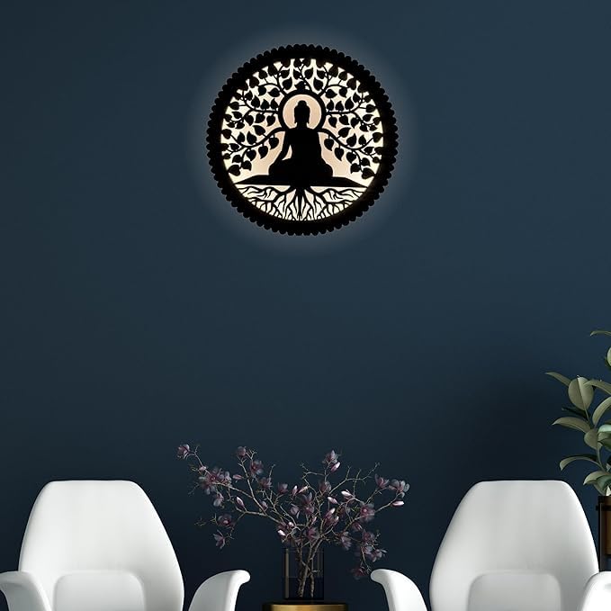 LASER ART Wall Decore Backlit – Spiritual Wall Sconce for Home Décor, Living Room, Meditation, and Temple | Wooden Material 12 Inch (Buddha Tree) 4