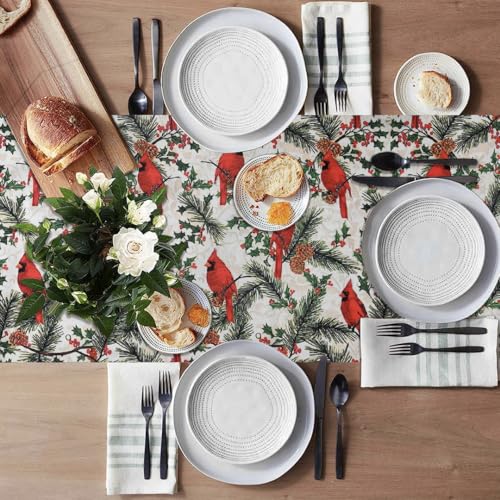 Image of Dining Table Mats Set of 4 with 135 cm Runner - Bird Red Green Christmas Theme,Digital Print, Washable, Indoor /Outdoor, Heat-Proof, Wipe & Clean (47X33 cm) Red & Green