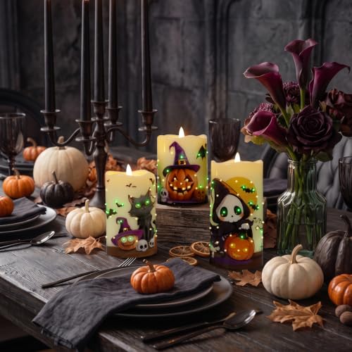 Image of Halloween Flameless Candles, Battery Operated Candles with Remote | Fiber Optic Flameless Pillar Candles Set Of 3 For Halloween Decorations Indoor