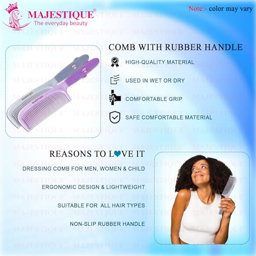 Image of Majestique Rubber Grip Handle Comb | Anti-Static Wide Tooth Comb for Detangling & Styling | Comfortable Wooden Hair Comb for Curly, Thick & Frizzy Hair - For Men & Women