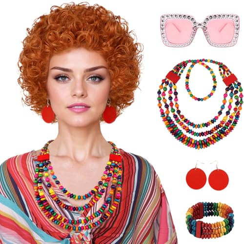 Wallden Hair Red Orange Wig + Pink Sunglasses + Rainbow Necklace + Earrings + Bracelets + Wig Cap for Women Costume Short Curly Reddish Wigs for Cosplay Halloween Party or Fun6pcs Set