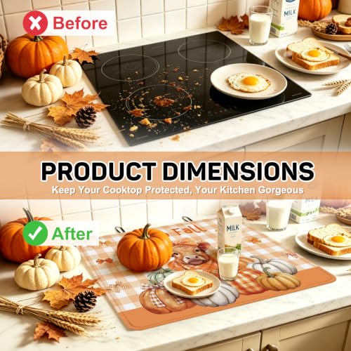 Image of Hello Fall Highland Cow Stove Top Cover for Electric Stove 28 inch x 20 inch, Pumpkin Glass Cooktop Protector, Non-Slip Rubber Glass Top Stove Cover, Farmhouse Thanksgiving Kitchen Decor