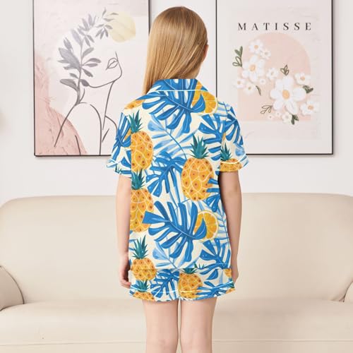 ALAZA Blue Palm Leaf Pineapple Pajamas Satin Pajama Set Short Sleeve Button Down Sleepwear4