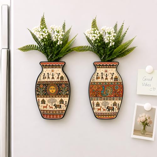 Image of Regalo Casila Magnetic Artificial Flower Vase Fridge Magnets Set of 2 Warli Painting Peacock Sun Tribal Folk Art Refrigerator Kitchen Home Office Decor Housewarming Gift