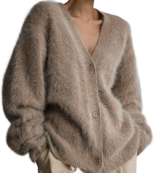 Damen Fuzzy Mohair Pullover Button Down V-Ausschnitt Langarm Strickoberteile Casual Leichte Strickjacke, 2, M
