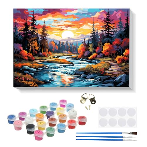 RICUVED Paisaje Pintar por Numeros Adultos Río con Marco, DIY Cuadros para Pintar por Números con Caballete de Madera, Pintura Acrilica Manualidades Adultos Decoracion 20x30cm