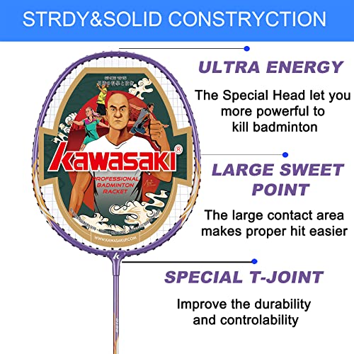 Badminton Rackets Set Of 2 For Training, Sport, Including 2 Kawasaki Badminton Racket, 3 Badminton Birdies Feather,1 Badminton Bag Large (Purple) #TOP1