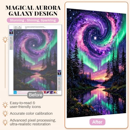 Image of HASTHIP Aurora Galaxy Landscape DIY Diamond Painting Kit, Full Drill Northern Lights Forest Lake Art Set with Pre-Printed Canvas & Tools, Relaxing Stress Relief Craft Home Wall Decor Gift 40x30cm