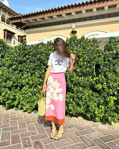 Midi Skirts for Women High Waist Print Long Skirt Vintage Casual Vacation Fall Skirts for Women2