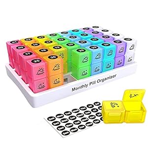Monthly Pill Box Organizer – Draagbare Month Pill Box Cases met 32 twice a Day AM PM compartimenten, Monthly Pill Holder Pill Case for Medication Vitamine, inclusief Number Stickers