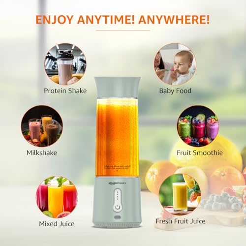 Image of Amazon Basics Portable Hand Blender for Smoothies & Juices | USB Rechargeable | 6 Stainless Steel Blades | 500 ml Food Grade Jar | 1 year Warranty | 2x2000 mAh Batteries (Saga Green)