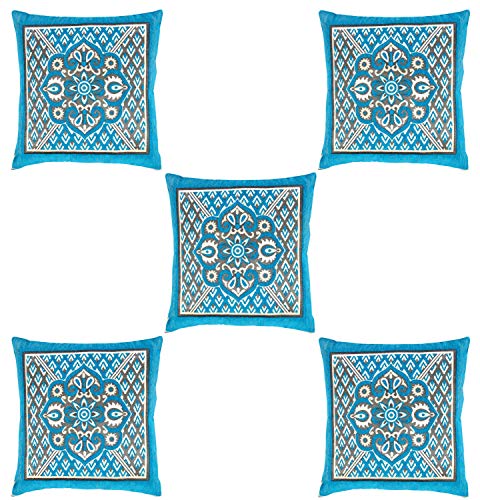 Image of Nendle Velvet 500TC Cushion Covers, 16 x 16 Inches, Sky Blue, Set of 5 Pieces