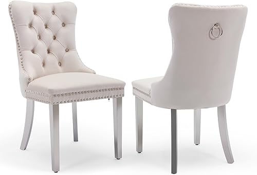 Miniatura 6 de SoarFlash Juego de 2 sillas de comedor de terciopelo, sillas laterales con respaldo alto, moderna silla auxiliar tapizada de alta gama con anillo