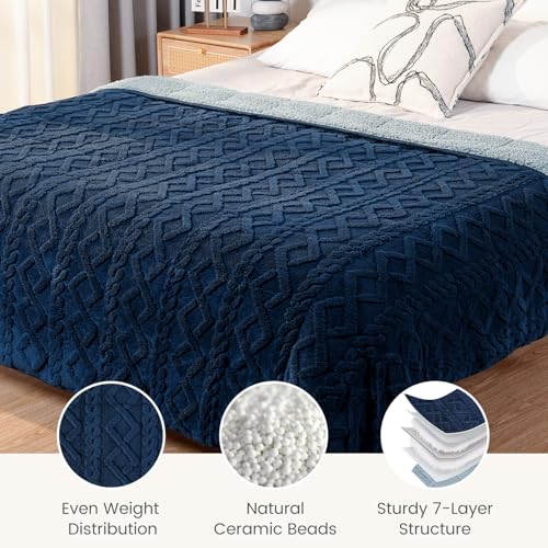 Image of Sherpa Fleece Adult Weighted Blanket Great for Sleep, 15 lbs Dual Sided Soft Fuzzy Heavy Blankets for Couch Bed Sofa, Cozy Warm Fluffy Jacquard Throw for Winter (Navy Blue, 60 inch x 80 inch, 15 Pounds)